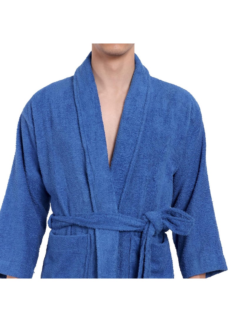 DREAMWEAVERS Soft Terry Pure Cotton Deluxe Shawl Collar Bathrobe Blue Medium