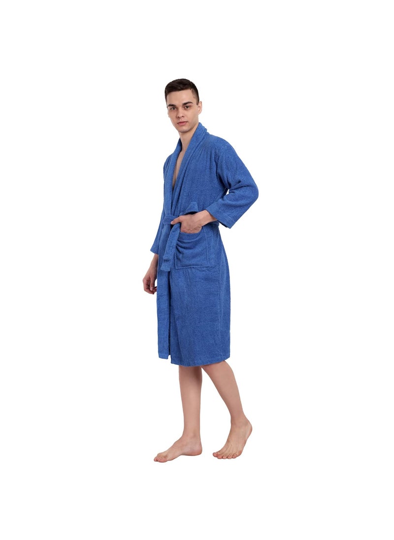 DREAMWEAVERS Soft Terry Pure Cotton Deluxe Shawl Collar Bathrobe Blue Medium