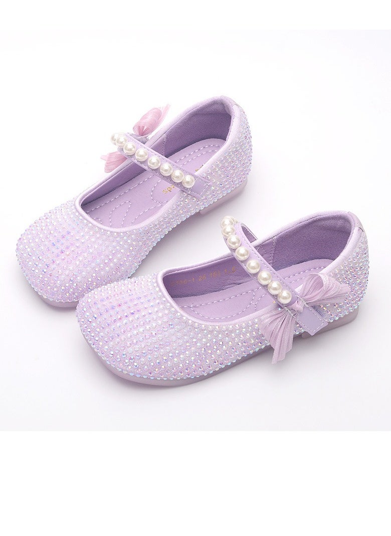Girls Delicate Rhinestone Beaded Sandals Spuare Closed Toe Flat Shoes Light Purple