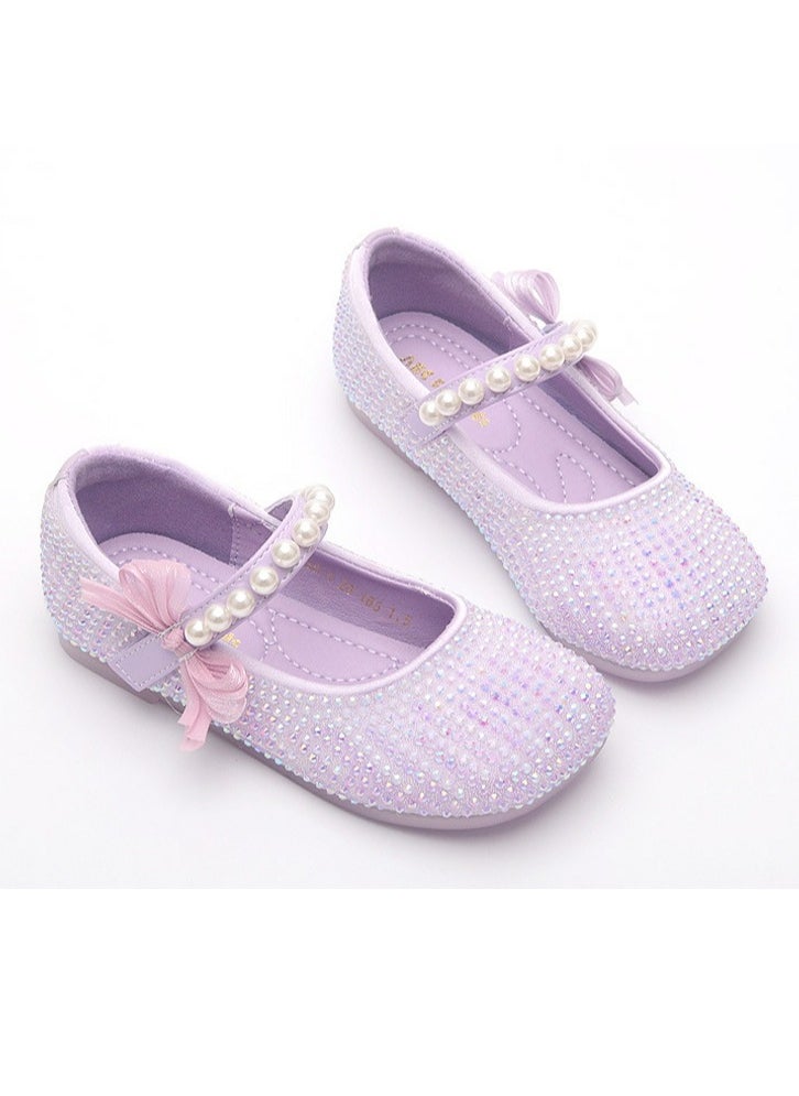 Girls Delicate Rhinestone Beaded Sandals Spuare Closed Toe Flat Shoes Light Purple