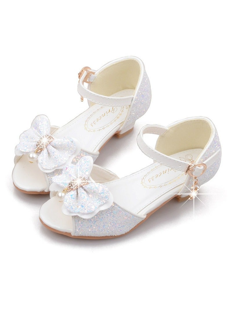 Girls Bowknot Sandals Shinny Sequins,Rhinestone Low Chunky Heels Open Toe Shoes White