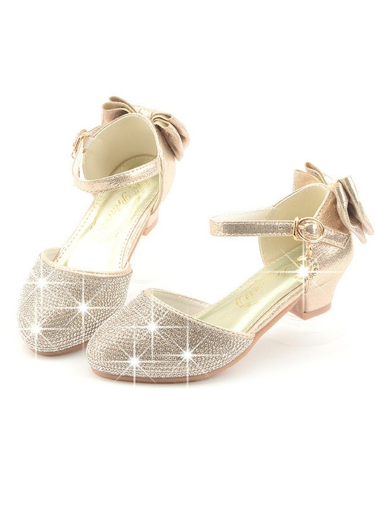 Girls Sandals Shinny Rhinestone,Delicate Bowknot Low Chunky Heels Closed Toe Shoes Gold