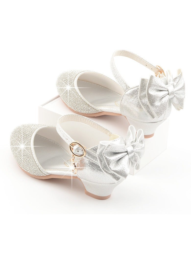 Girls Sandals Shinny Rhinestone,Delicate Bowknot Low Chunky Heels Closed Toe Shoes Silver