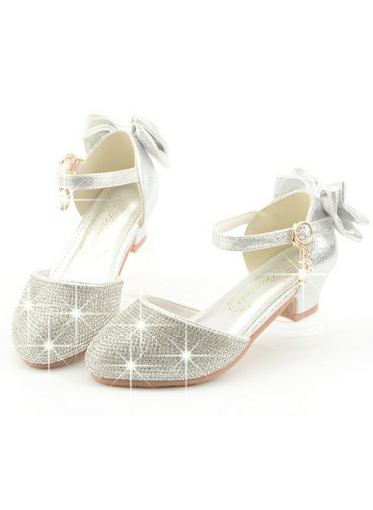 Girls Sandals Shinny Rhinestone,Delicate Bowknot Low Chunky Heels Closed Toe Shoes Silver