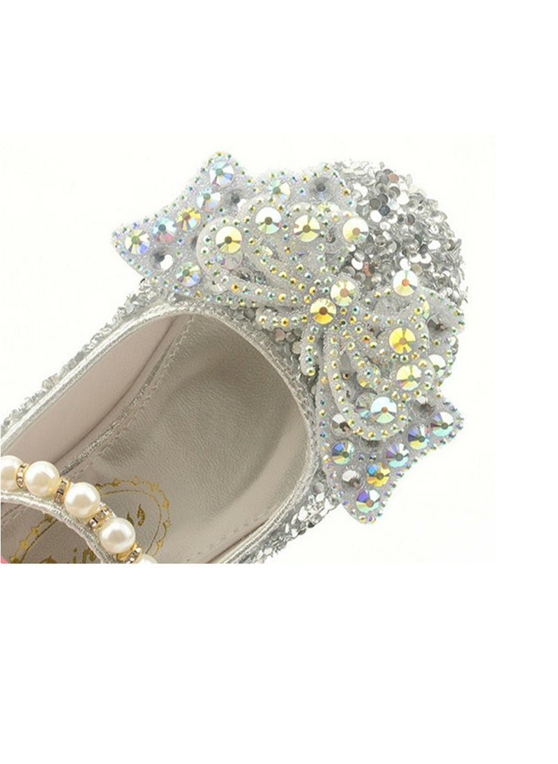 Girls Bowknot Beaded Sandals Shinny Sequins,Rhinestone Flat Closed Toe Shoes Silver