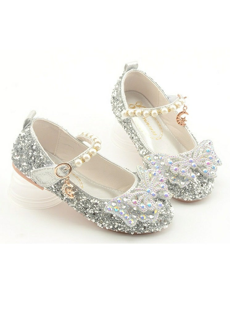Girls Bowknot Beaded Sandals Shinny Sequins,Rhinestone Flat Closed Toe Shoes Silver