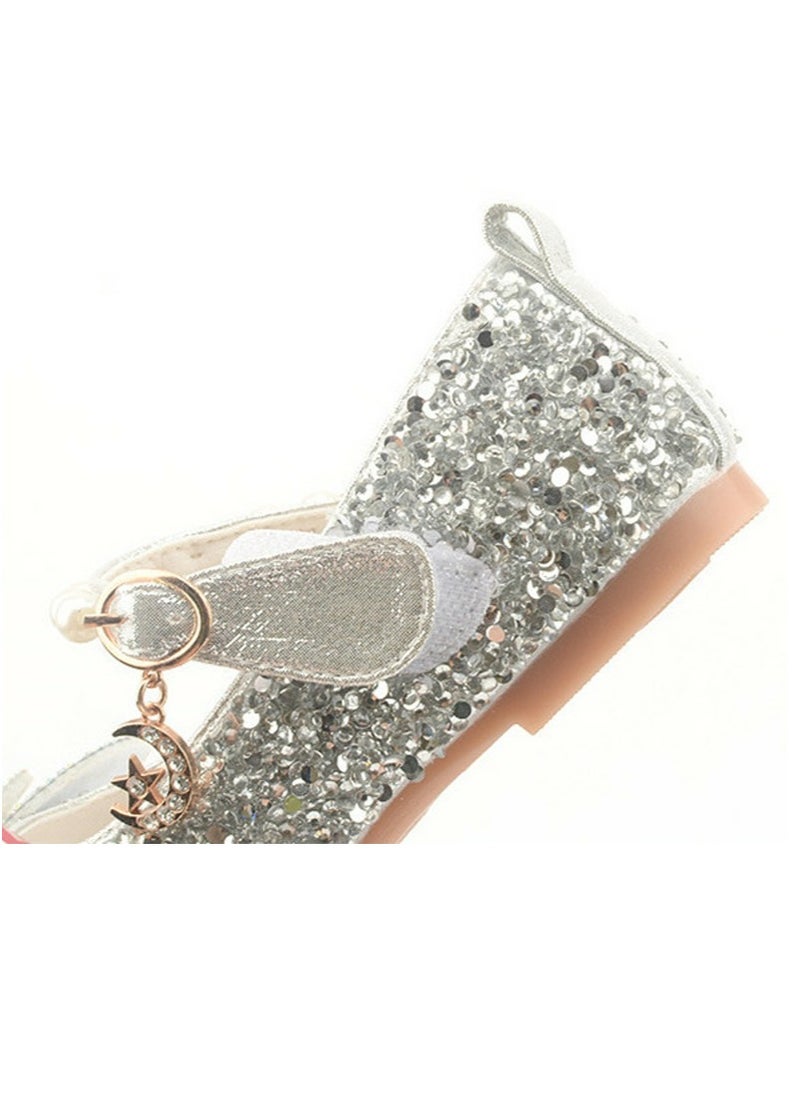 Girls Bowknot Beaded Sandals Shinny Sequins,Rhinestone Flat Closed Toe Shoes Silver