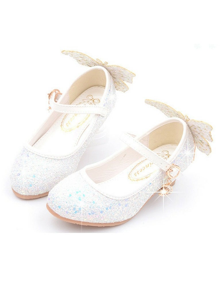 Girls Sandals Shinny Sequins Closed Toe Low Chunky Heels Butterfly Tassel Decoration Shoes White