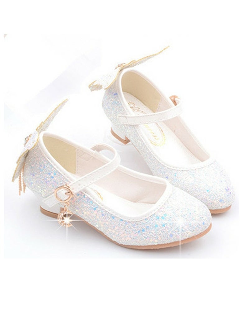 Girls Sandals Shinny Sequins Closed Toe Low Chunky Heels Butterfly Tassel Decoration Shoes White