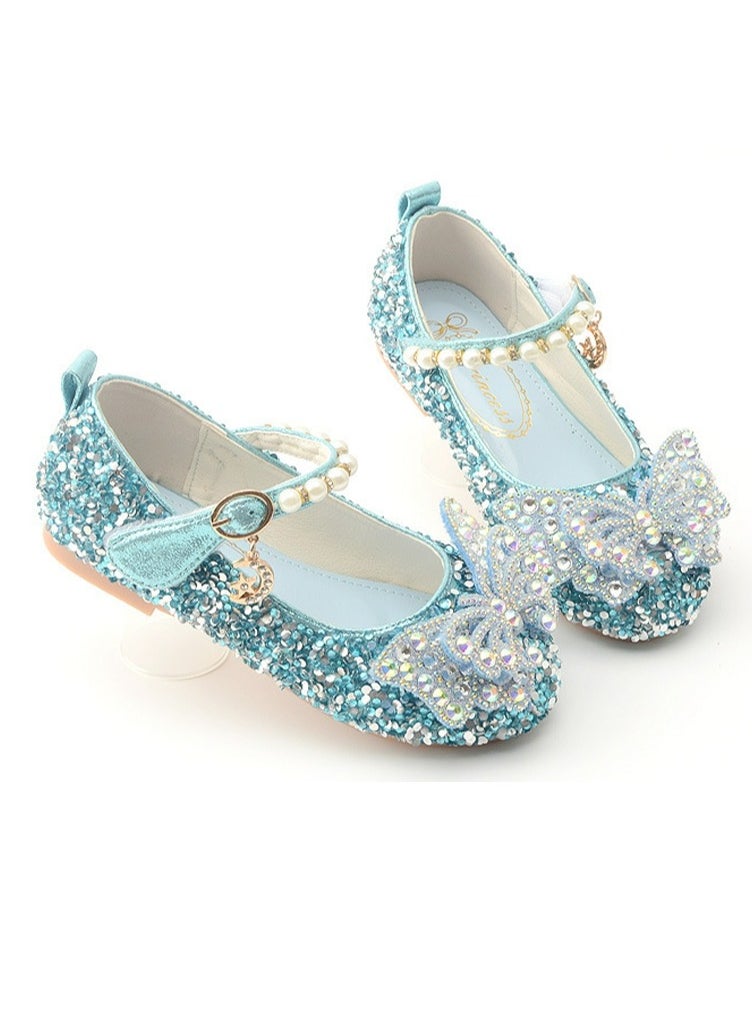 Girls Bowknot Beaded Sandals Shinny Sequins,Rhinestone Flat Closed Toe Shoes Blue