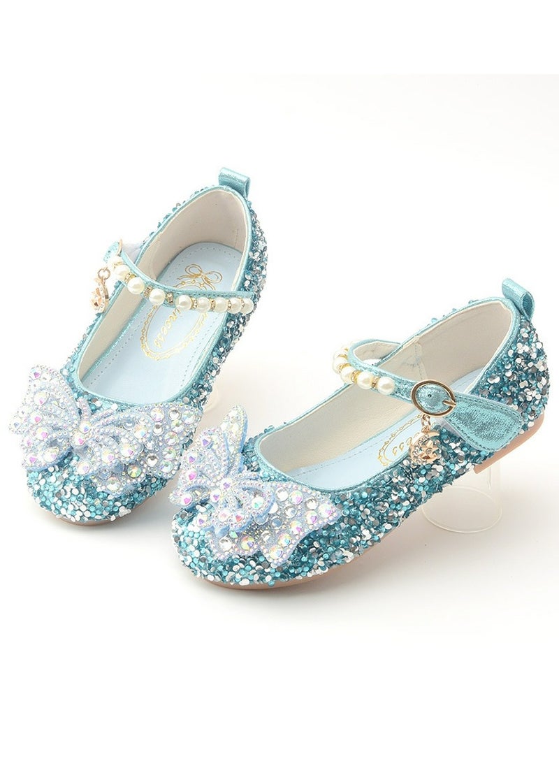 Girls Bowknot Beaded Sandals Shinny Sequins,Rhinestone Flat Closed Toe Shoes Blue