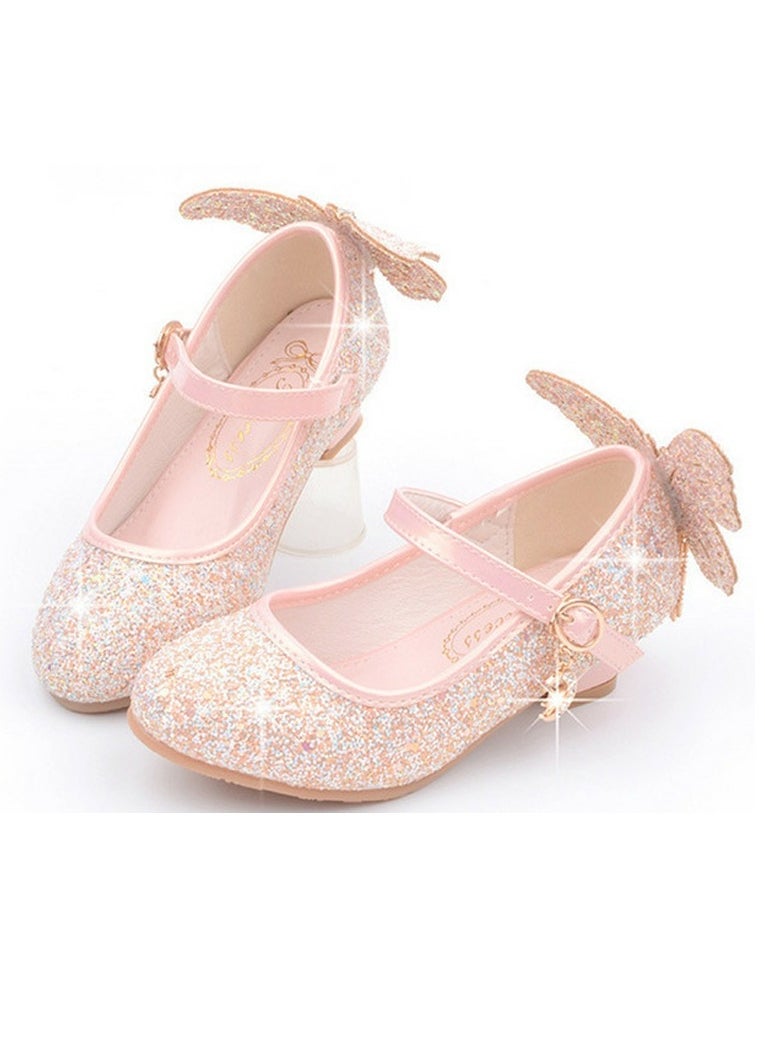 Girls Sandals Shinny Sequins Closed Toe Low Chunky Heels Butterfly Tassel Decoration Shoes Pink