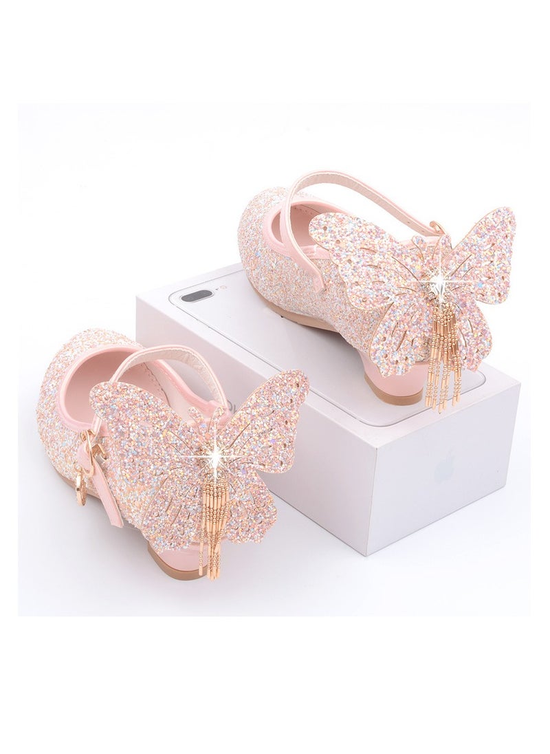 Girls Sandals Shinny Sequins Closed Toe Low Chunky Heels Butterfly Tassel Decoration Shoes Pink