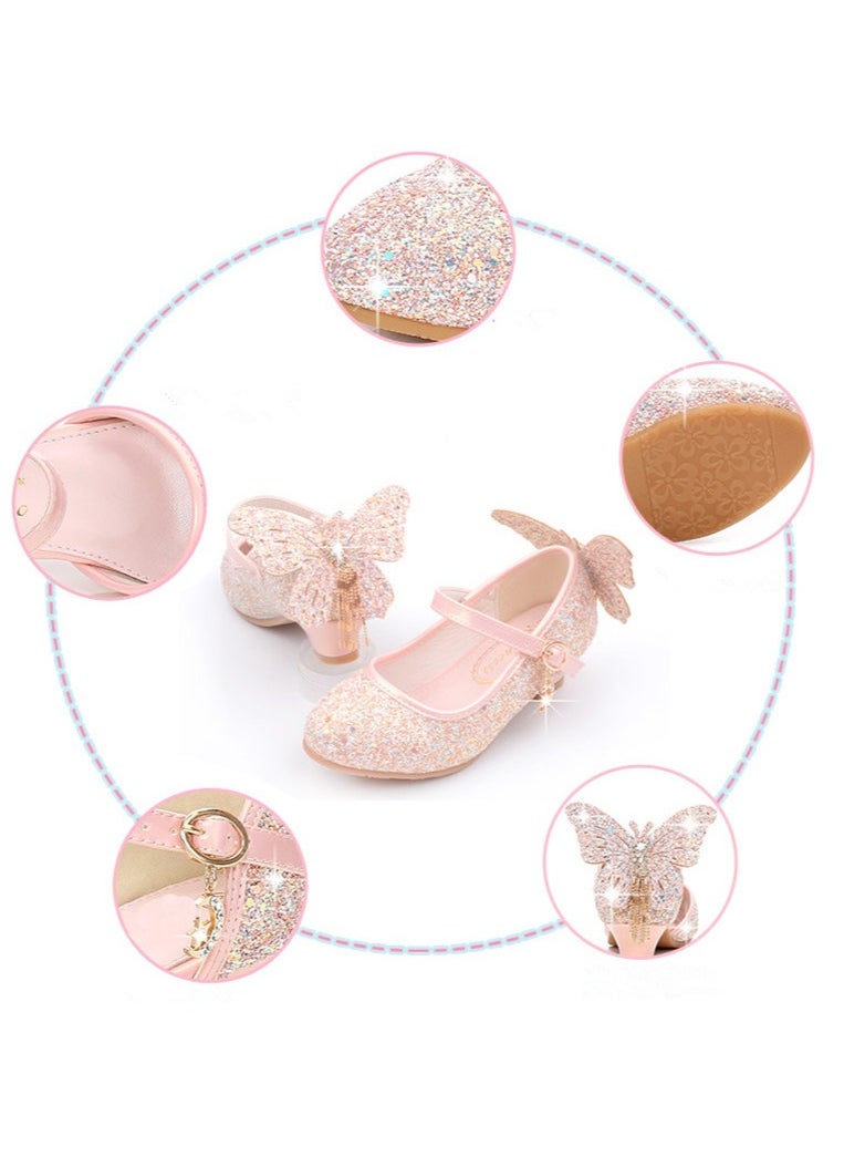 Girls Sandals Shinny Sequins Closed Toe Low Chunky Heels Butterfly Tassel Decoration Shoes Pink