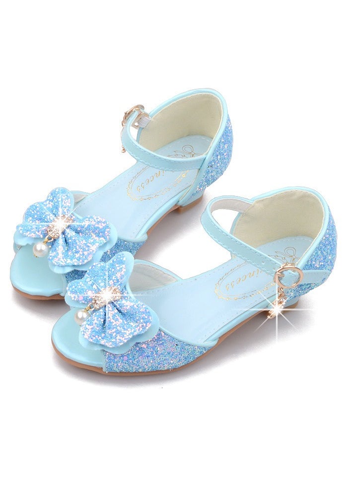 Girls Bowknot Sandals Shinny Sequins,Rhinestone Low Chunky Heels Open Toe Shoes Blue