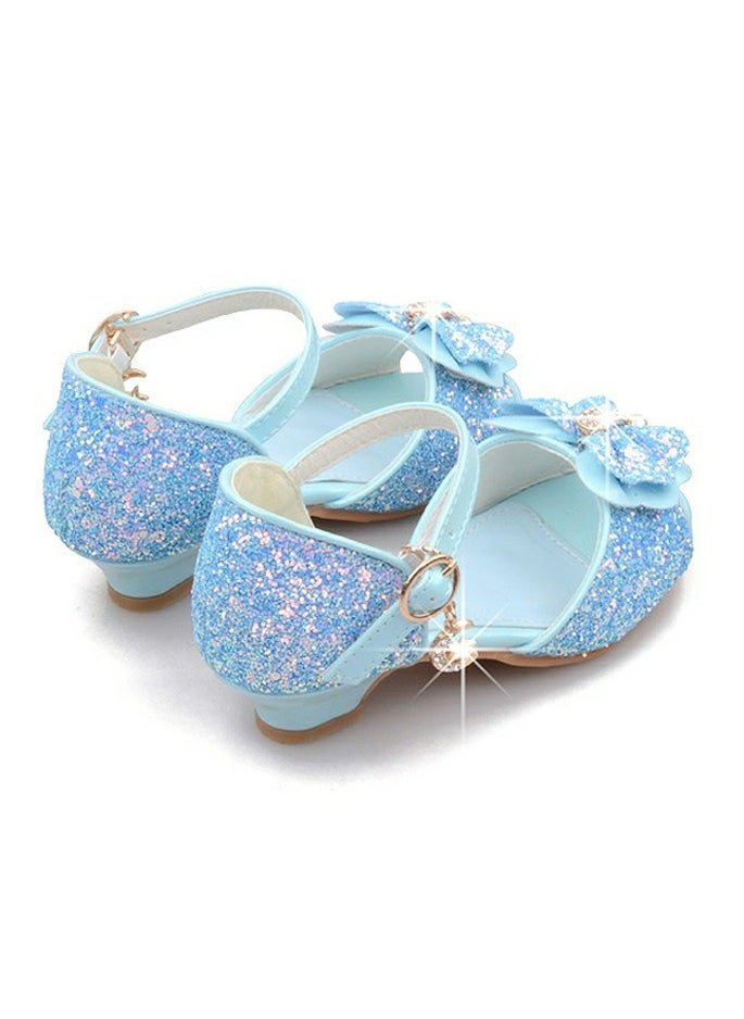 Girls Bowknot Sandals Shinny Sequins,Rhinestone Low Chunky Heels Open Toe Shoes Blue