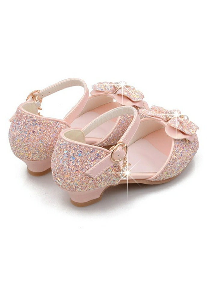 Girls Bowknot Sandals Shinny Sequins,Rhinestone Low Chunky Heels Open Toe Shoes Pink