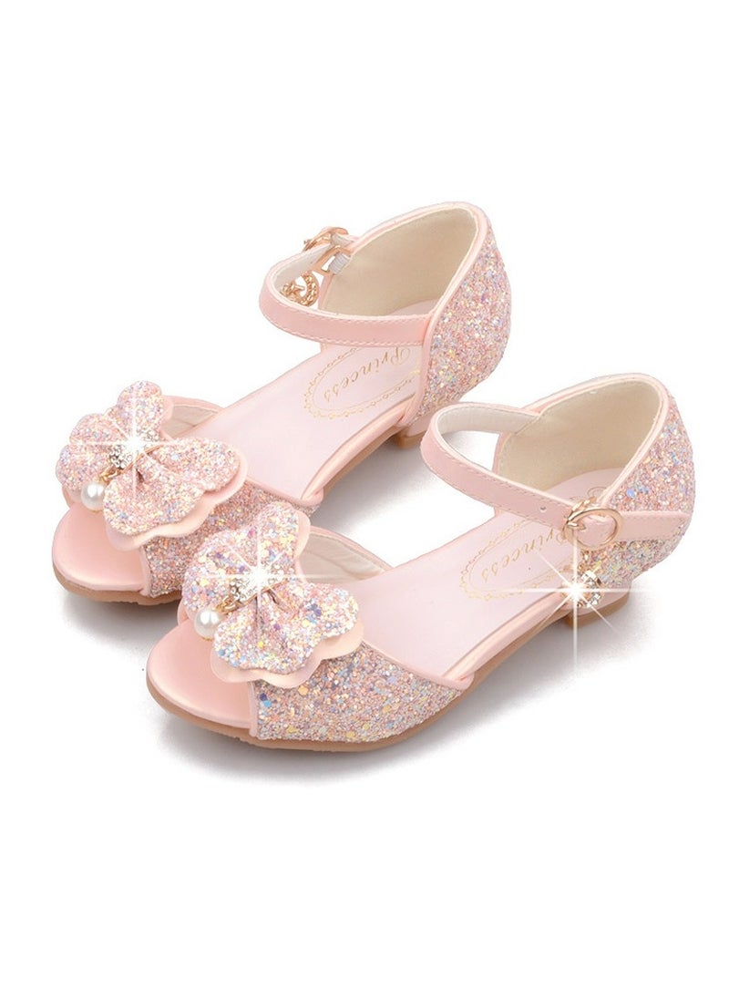 Girls Bowknot Sandals Shinny Sequins,Rhinestone Low Chunky Heels Open Toe Shoes Pink