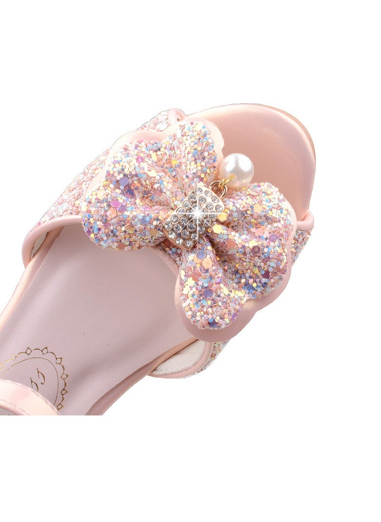 Girls Bowknot Sandals Shinny Sequins,Rhinestone Low Chunky Heels Open Toe Shoes Pink