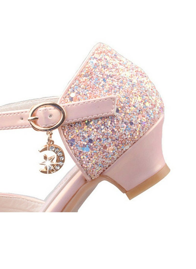 Girls Bowknot Sandals Shinny Sequins,Rhinestone Low Chunky Heels Open Toe Shoes Pink