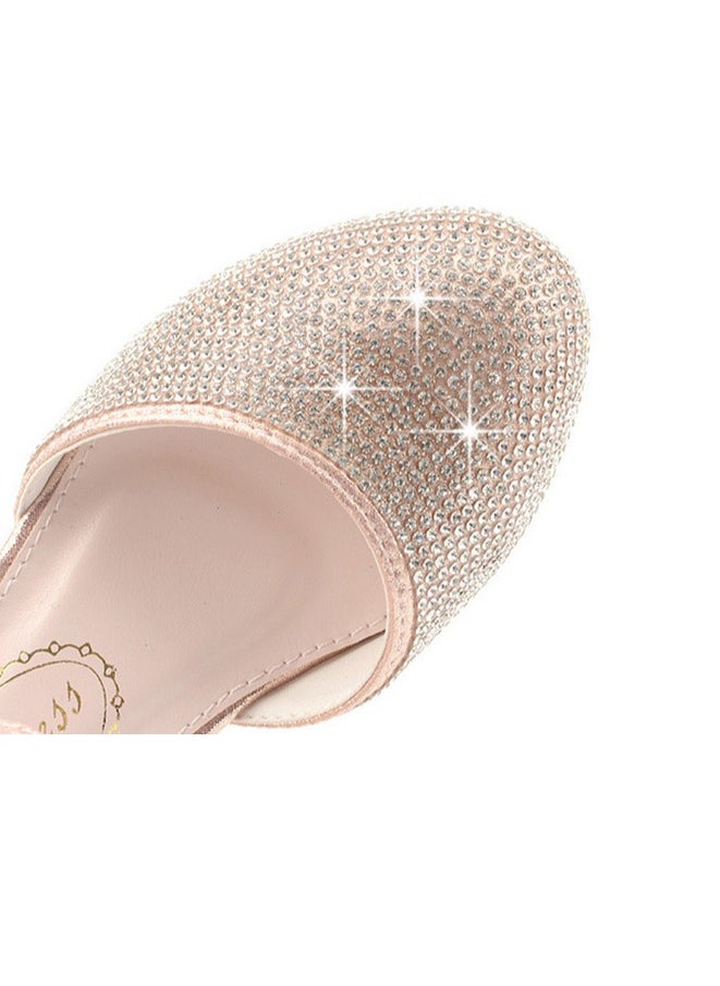 Girls Sandals Shinny Rhinestone,Delicate Bowknot Low Chunky Heels Closed Toe Shoes Pink