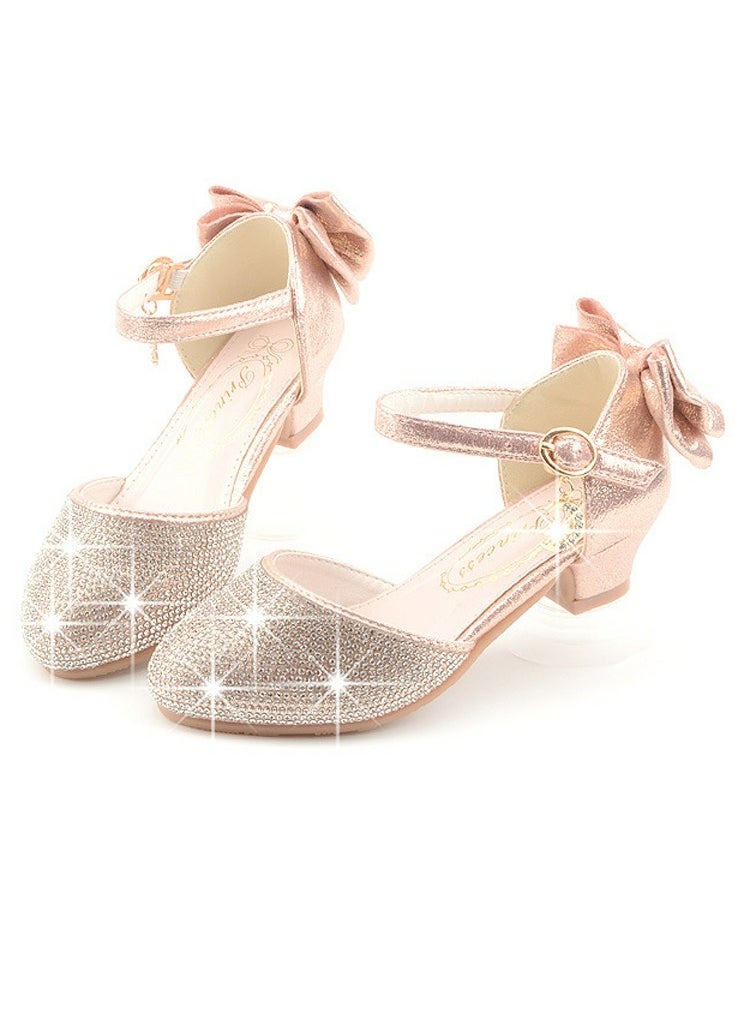 Girls Sandals Shinny Rhinestone,Delicate Bowknot Low Chunky Heels Closed Toe Shoes Pink