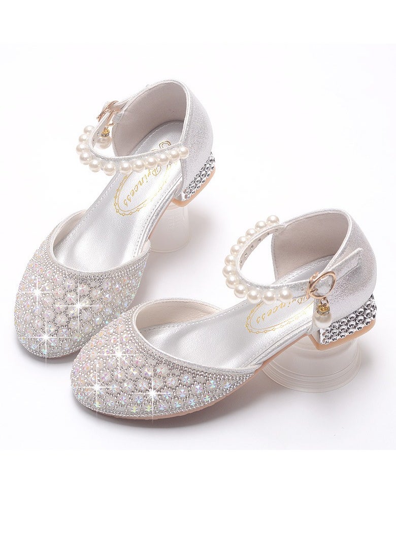 Girls Sandals Shinny Rhinestone,Delicate Beaded Low Chunky Heels Closed Toe Shoes Silver