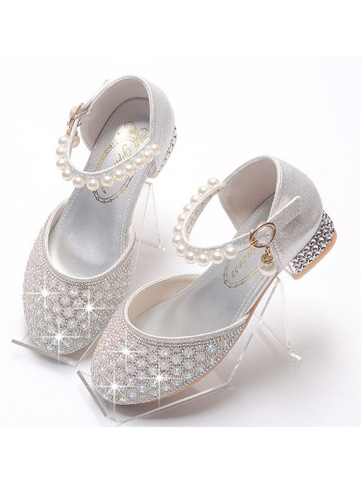 Girls Sandals Shinny Rhinestone,Delicate Beaded Low Chunky Heels Closed Toe Shoes Silver