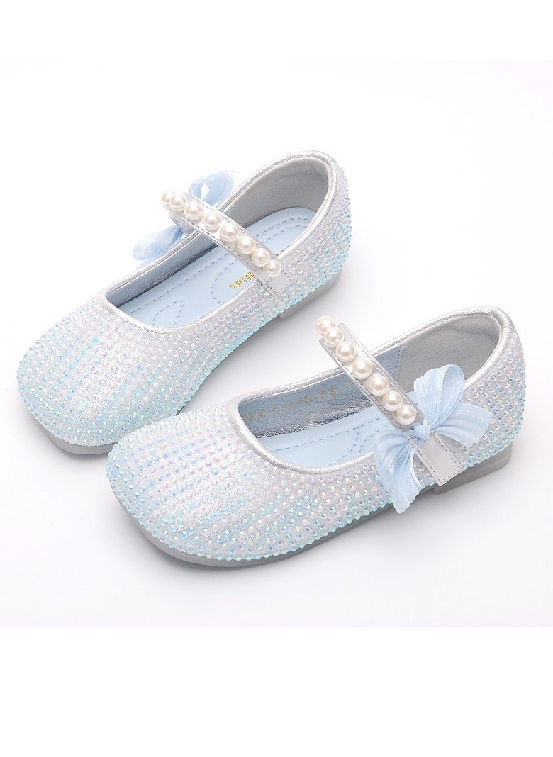 Girls Delicate Rhinestone Beaded Sandals Spuare Closed Toe Flat Shoes Light Blue