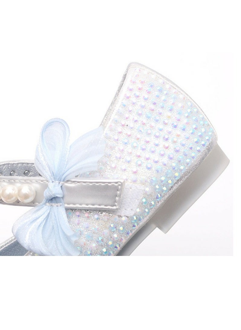 Girls Delicate Rhinestone Beaded Sandals Spuare Closed Toe Flat Shoes Light Blue