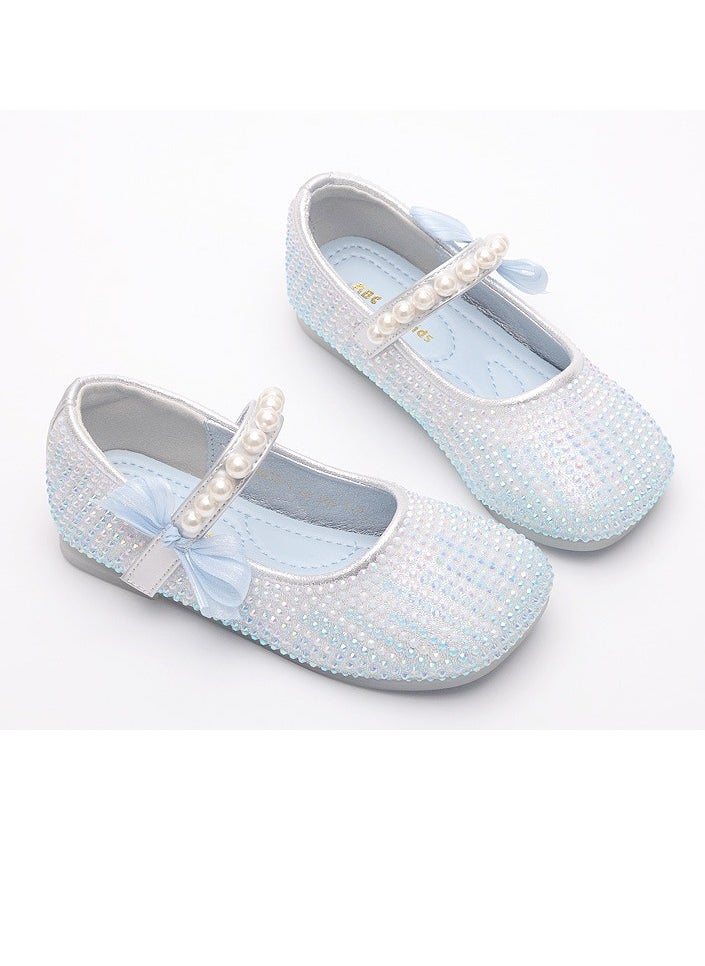 Girls Delicate Rhinestone Beaded Sandals Spuare Closed Toe Flat Shoes Light Blue