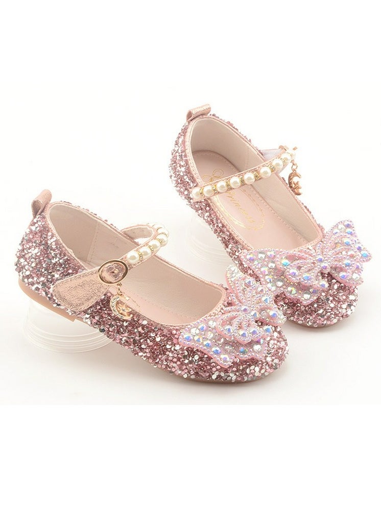 Girls Bowknot Beaded Sandals Shinny Sequins,Rhinestone Flat Closed Toe Shoes Dusty Pink
