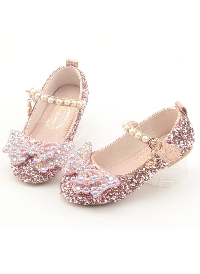 Girls Bowknot Beaded Sandals Shinny Sequins,Rhinestone Flat Closed Toe Shoes Dusty Pink