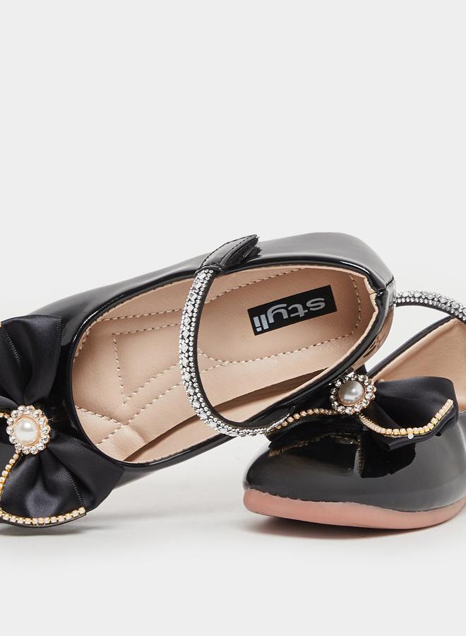 Embellished Round Toe Ballerina Shoes with Bow Detail