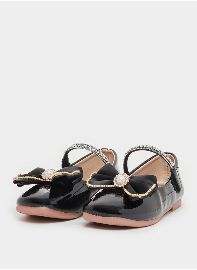 Embellished Round Toe Ballerina Shoes with Bow Detail