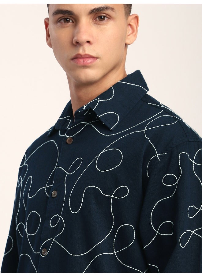 Navy Blue Abstract Embroidered Shacket