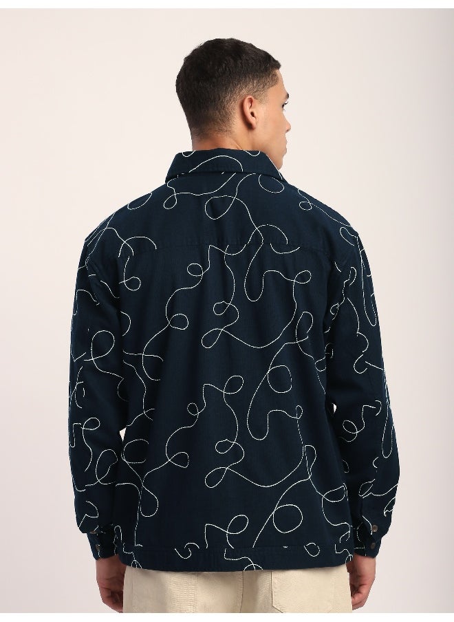 Navy Blue Abstract Embroidered Shacket