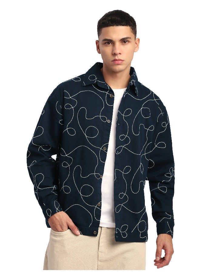 Navy Blue Abstract Embroidered Shacket