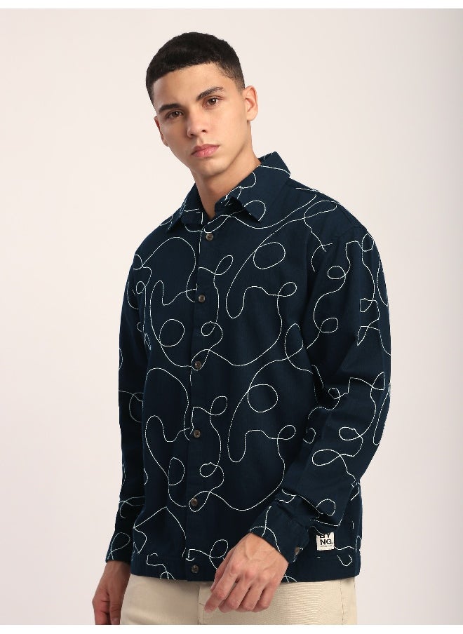 Navy Blue Abstract Embroidered Shacket
