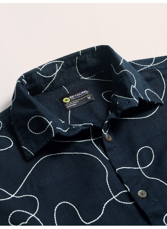Navy Blue Abstract Embroidered Shacket