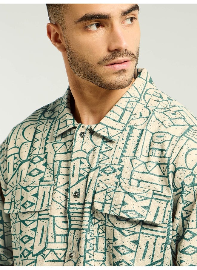 Sea Green and Beige Abstract Print Shacket