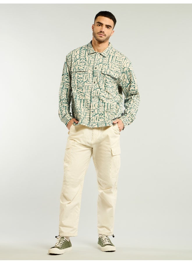 Sea Green and Beige Abstract Print Shacket