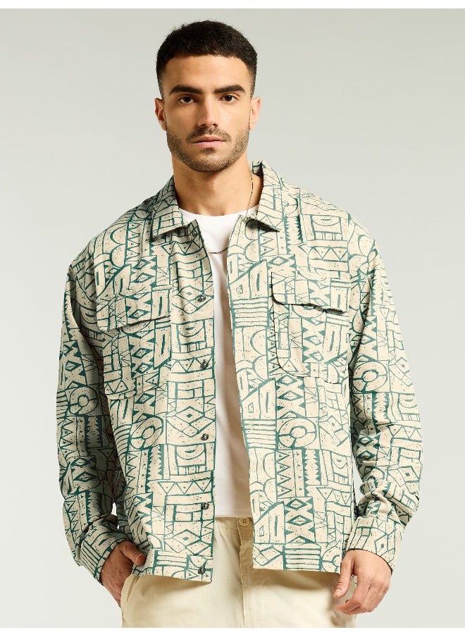 Sea Green and Beige Abstract Print Shacket