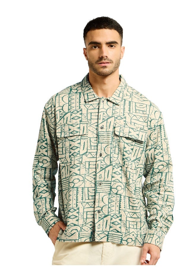 Sea Green and Beige Abstract Print Shacket