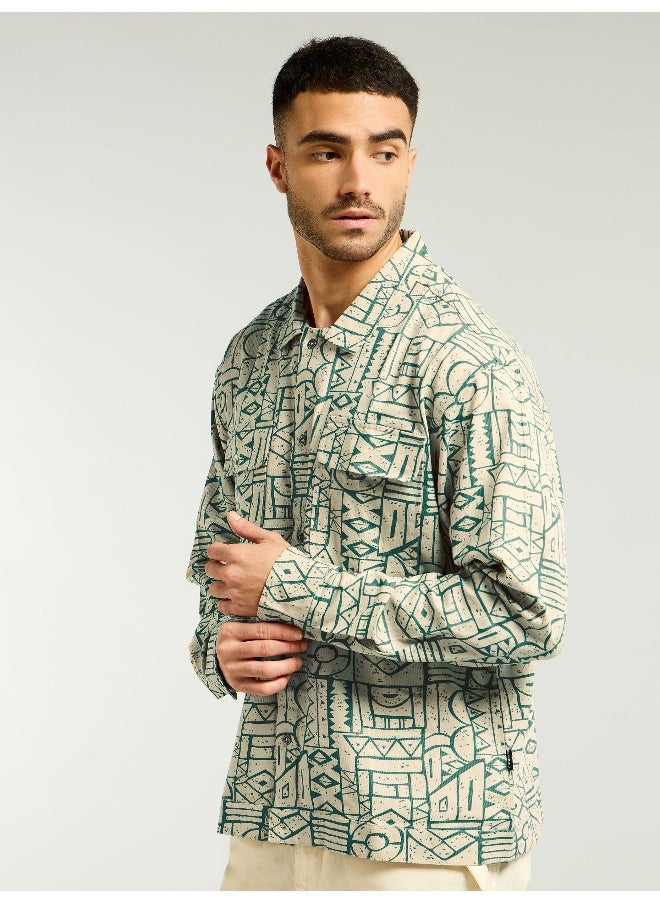 Sea Green and Beige Abstract Print Shacket