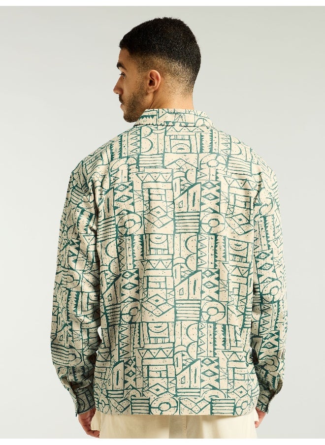 Sea Green and Beige Abstract Print Shacket