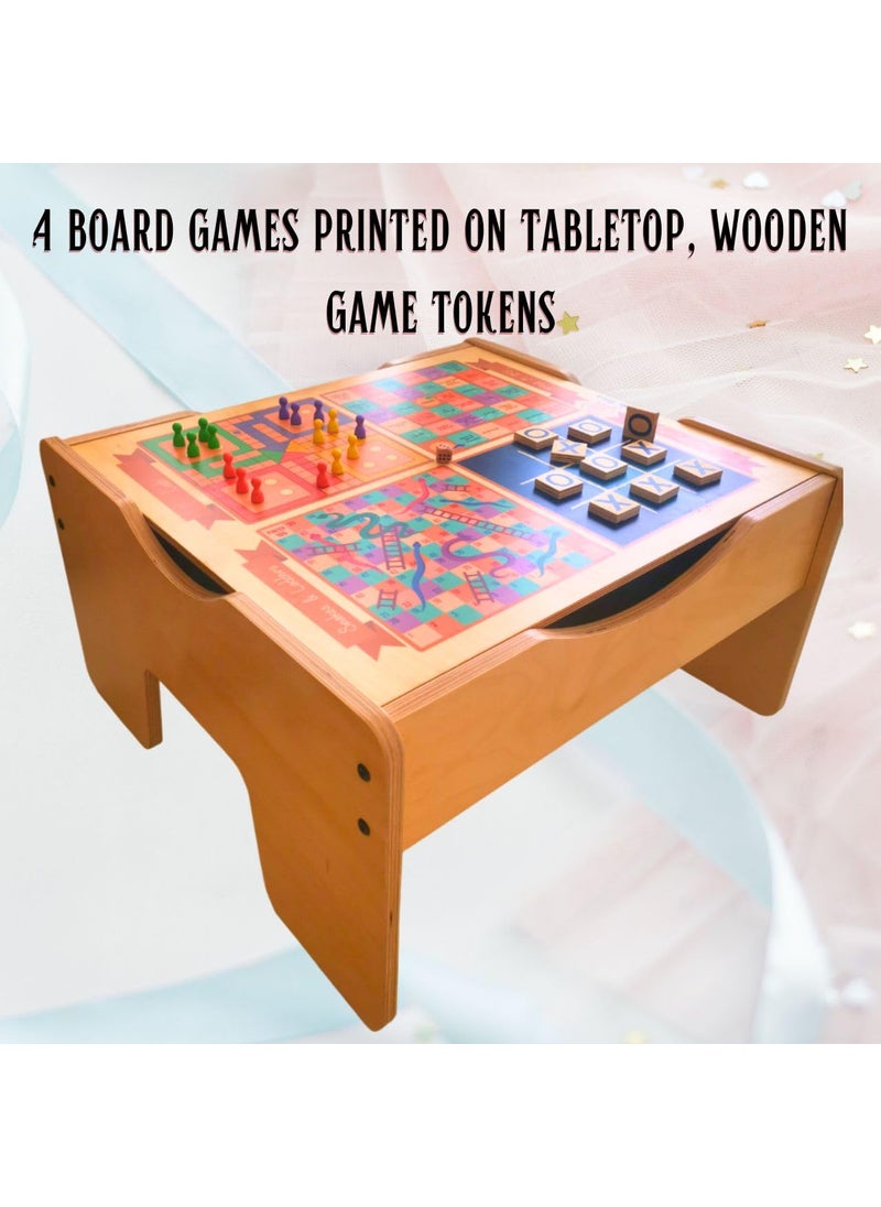 MakeBelieve 5in1 Wooden Game Board and Brick Play Table Reversible Tabletop with inBuilt Storage