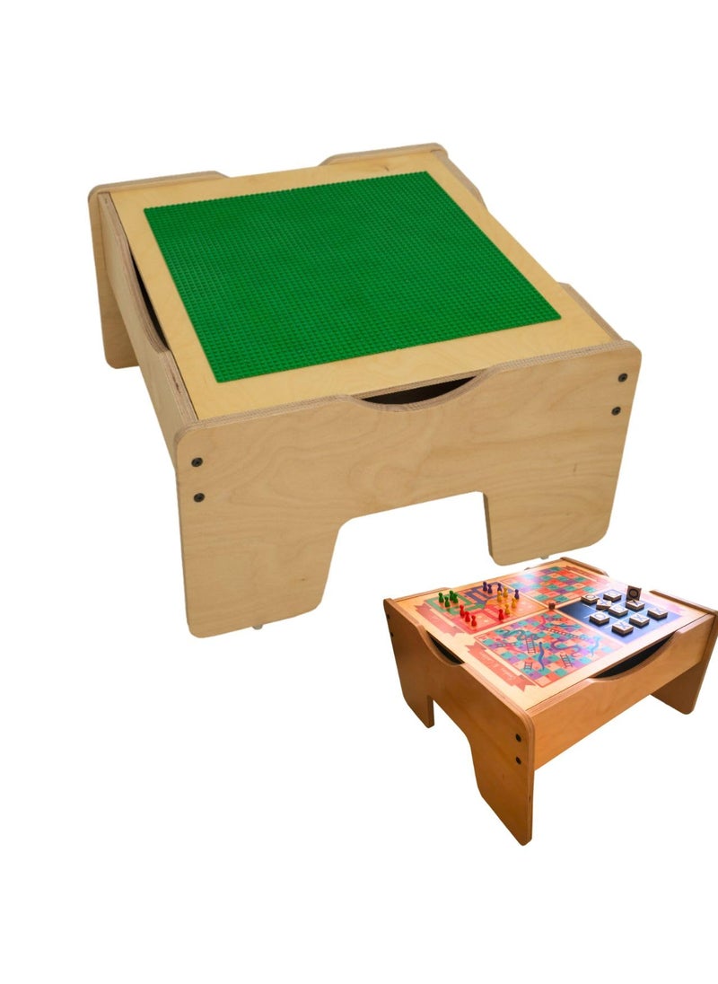 MakeBelieve 5in1 Wooden Game Board and Brick Play Table Reversible Tabletop with inBuilt Storage