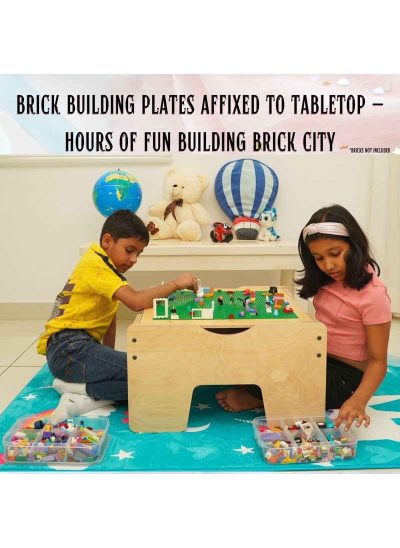 MakeBelieve 5in1 Wooden Game Board and Brick Play Table Reversible Tabletop with inBuilt Storage