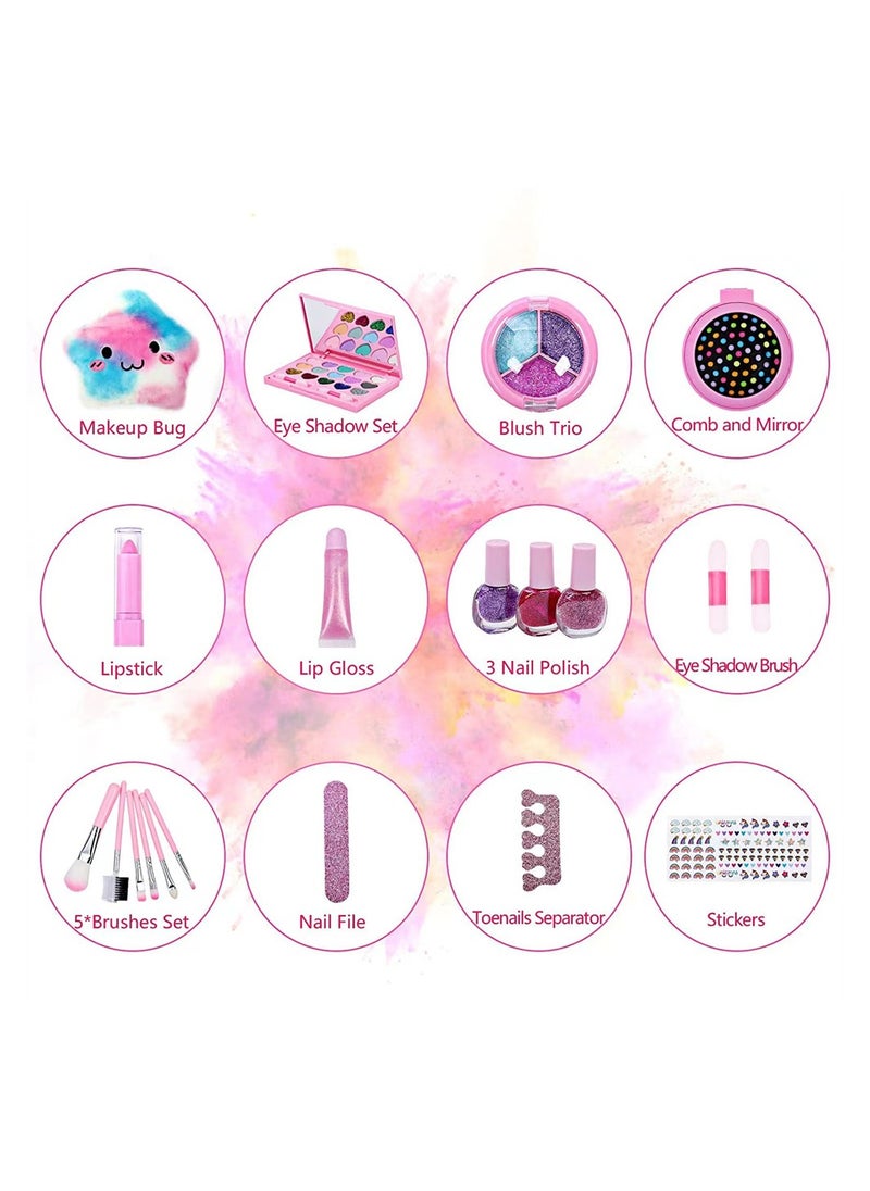 Non Toxic Washable Kids Makeup Kit for Girls Age 3-12 Pretend Play Set with Cosmetic Bag Ideal Gift for Little Beauties